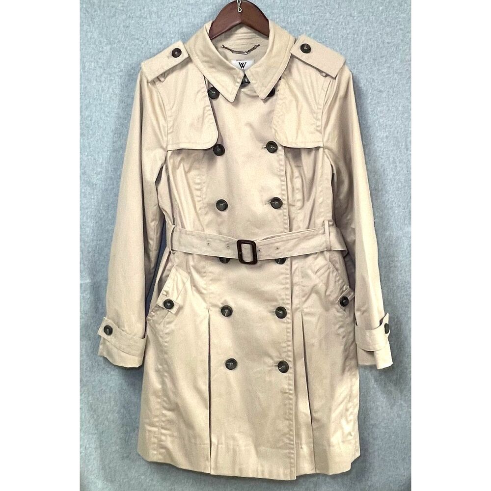 Worthington Small Beige Belted Trench Coat Double Breasted Pleated Classic